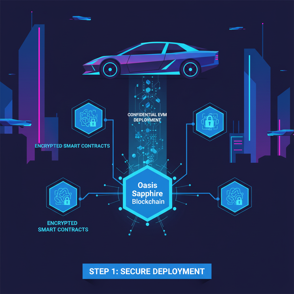 futuristic confidential EVM deployment on Oasis Sapphire blockchain, glowing sapphire nodes, encrypted smart contracts, cyberpunk style