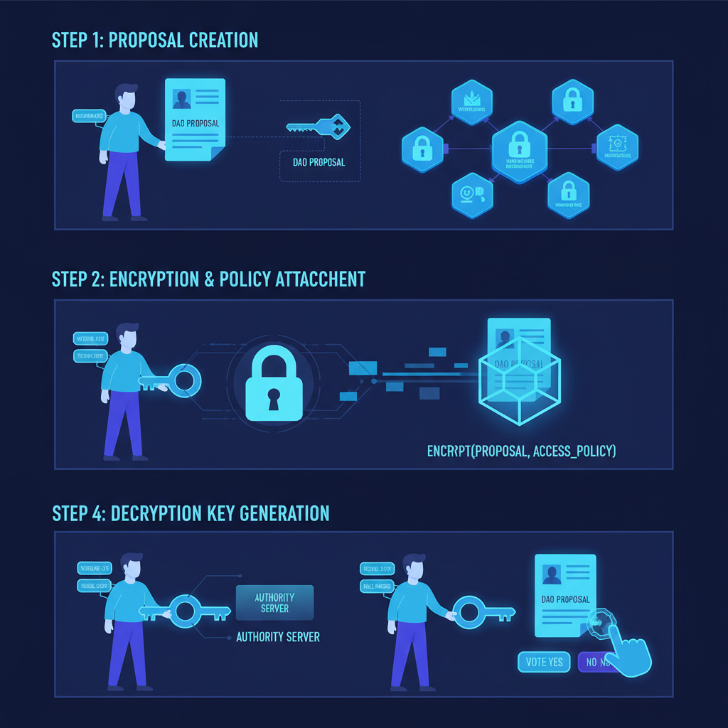 attribute-based encryption process for DAO proposal, cryptographic keys and locks, blockchain nodes encrypting data, neon blue tones