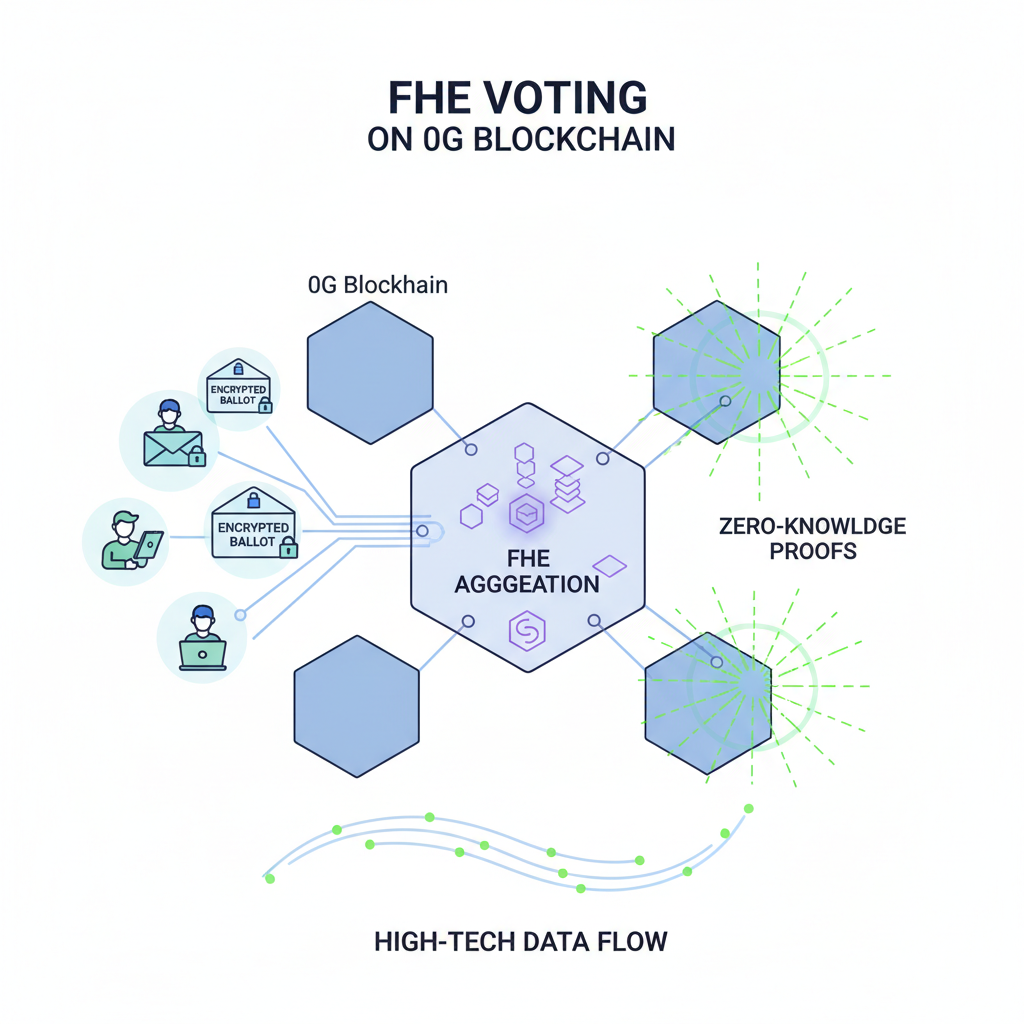 FHE voting on 0G blockchain, encrypted ballots aggregating in a decentralized network, zero-knowledge proofs glowing, high-tech data flow