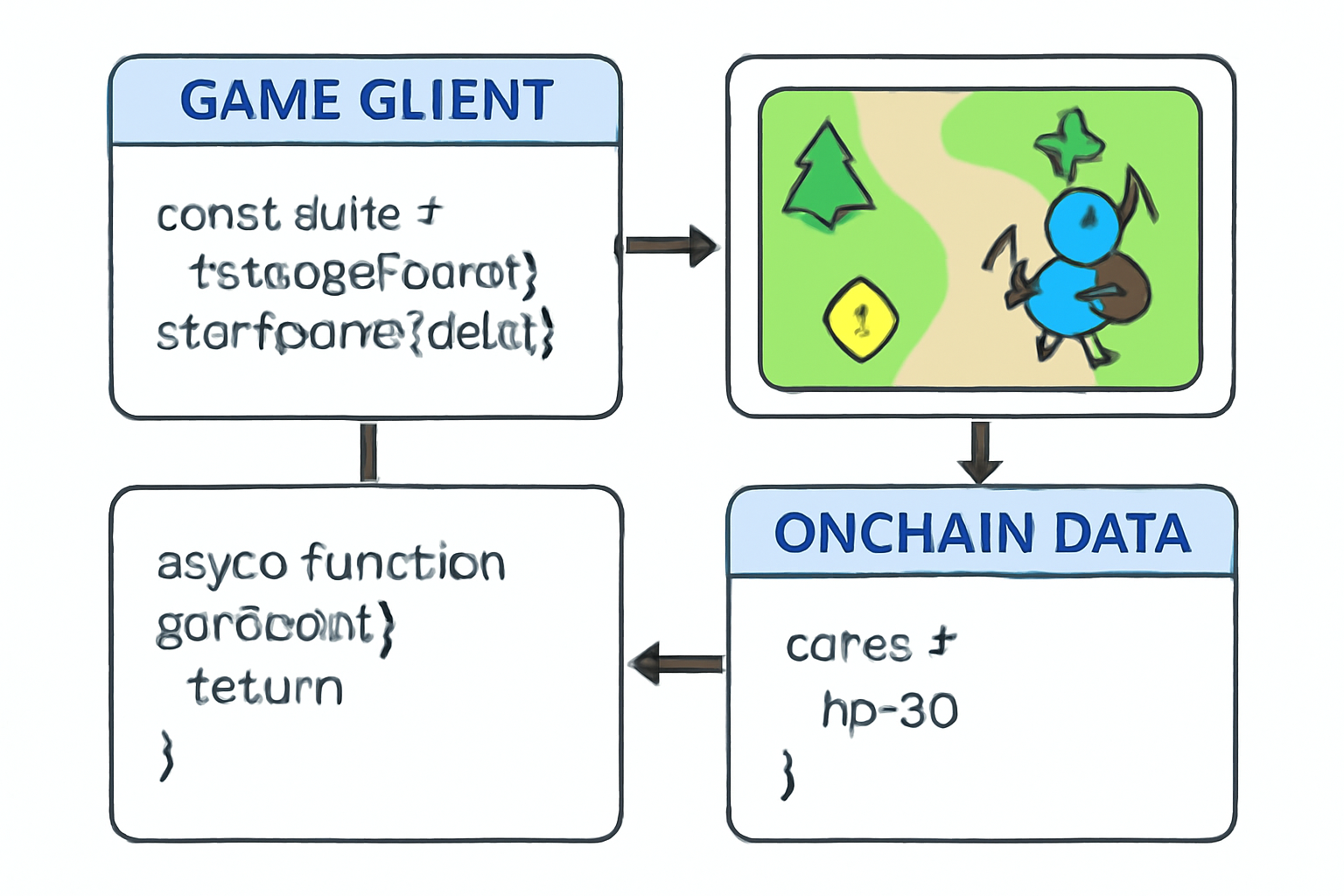 A user interface preview of a game client interacting with onchain data, with code snippets and game visuals.