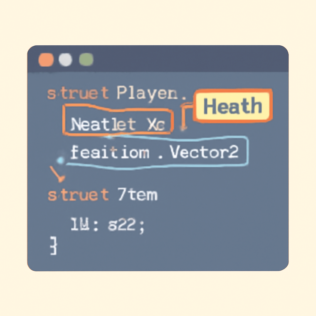 A code editor window displaying Cairo struct definitions for game components, with annotations highlighting fields like health and position.