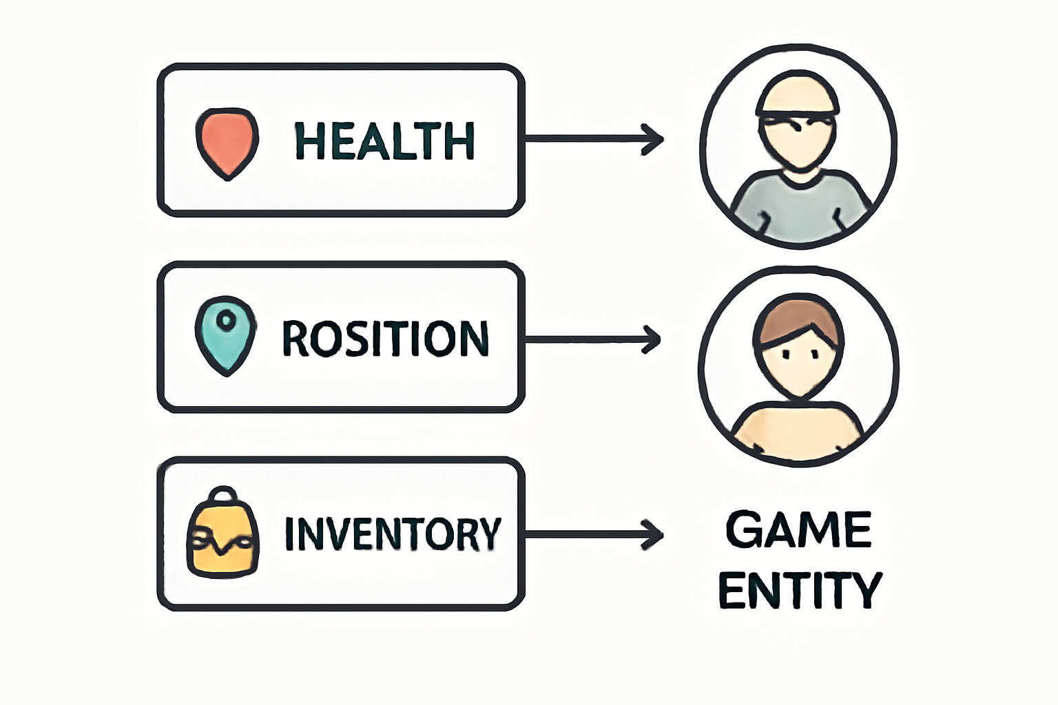 A diagram showing modular data components (like health, position, inventory) connected to game entities, clean and schematic style