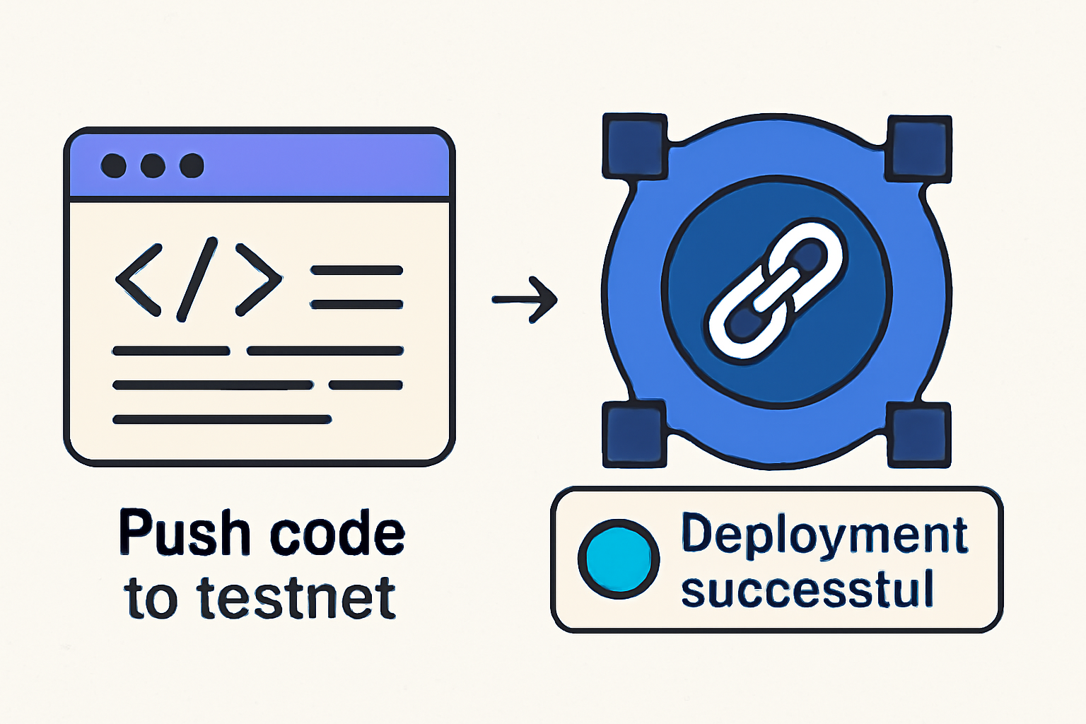 A blockchain deployment process: code being pushed to a testnet, with a successful deployment confirmation, digital art