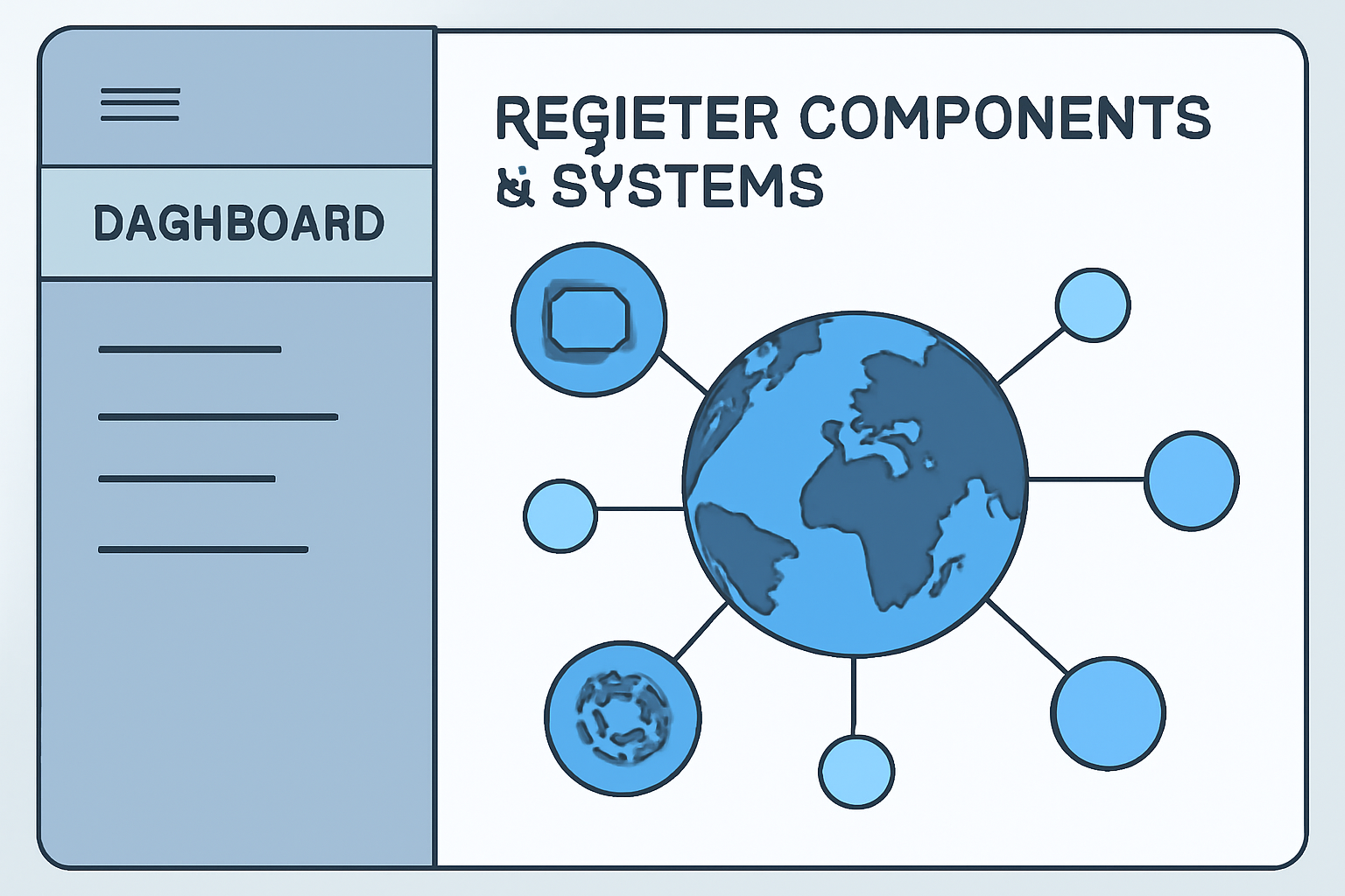 A digital dashboard showing registration of components and systems into a central 'world' hub, with connected nodes.