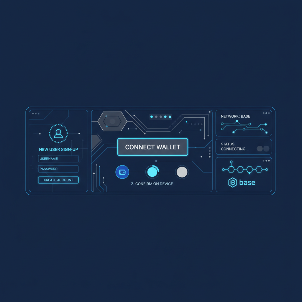 clean futuristic wallet connection interface on Base chain, blue neon accents, user signing up, high tech dashboard