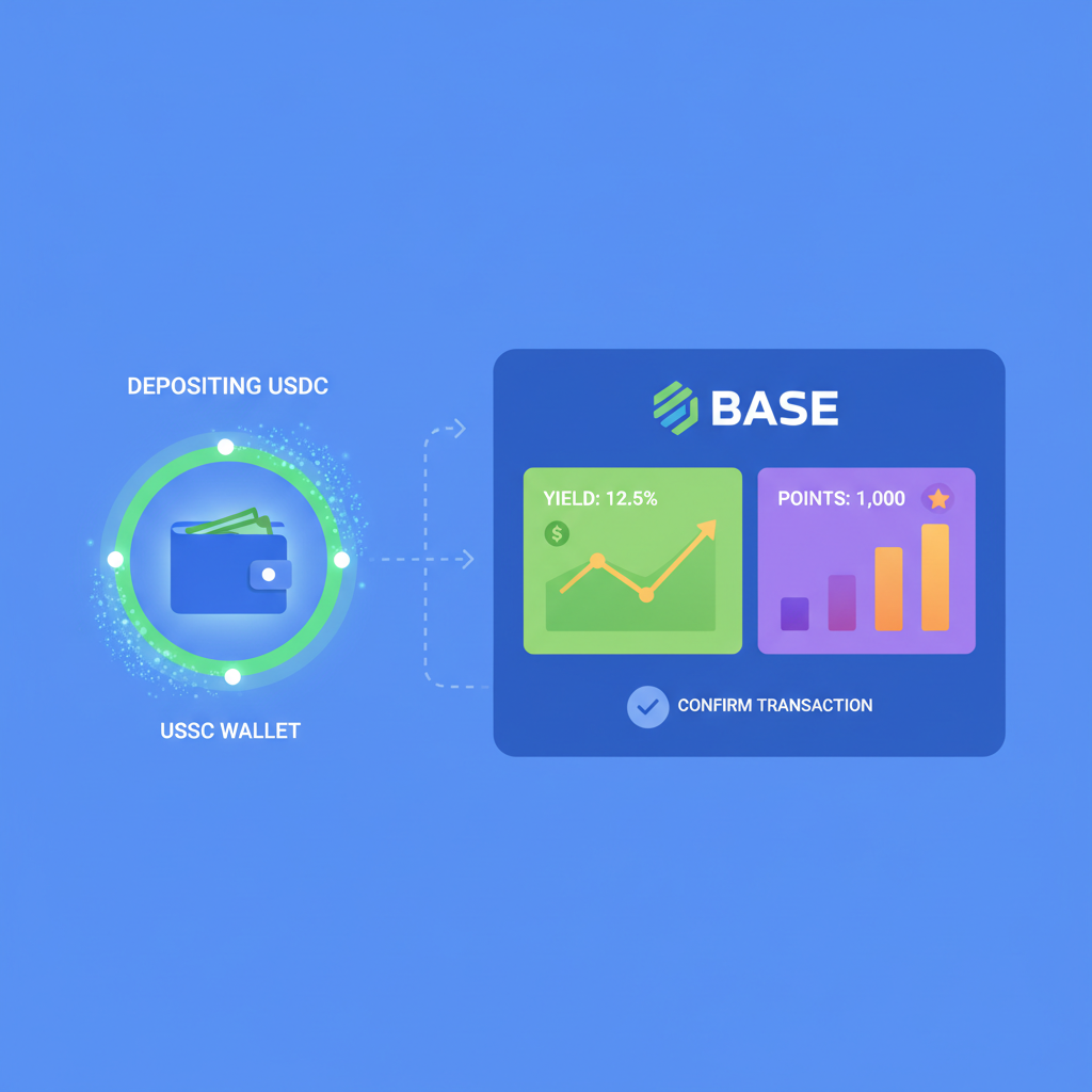 user depositing USDC stablecoin into DeFi platform on Base chain, glowing wallet transfer animation, charts showing yield and points