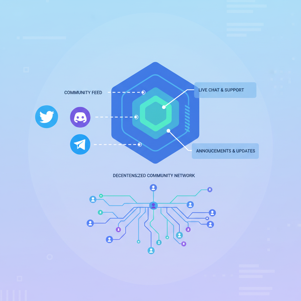 social media icons connecting to blockchain dashboard, Twitter Discord Telegram links, vibrant community network visualization