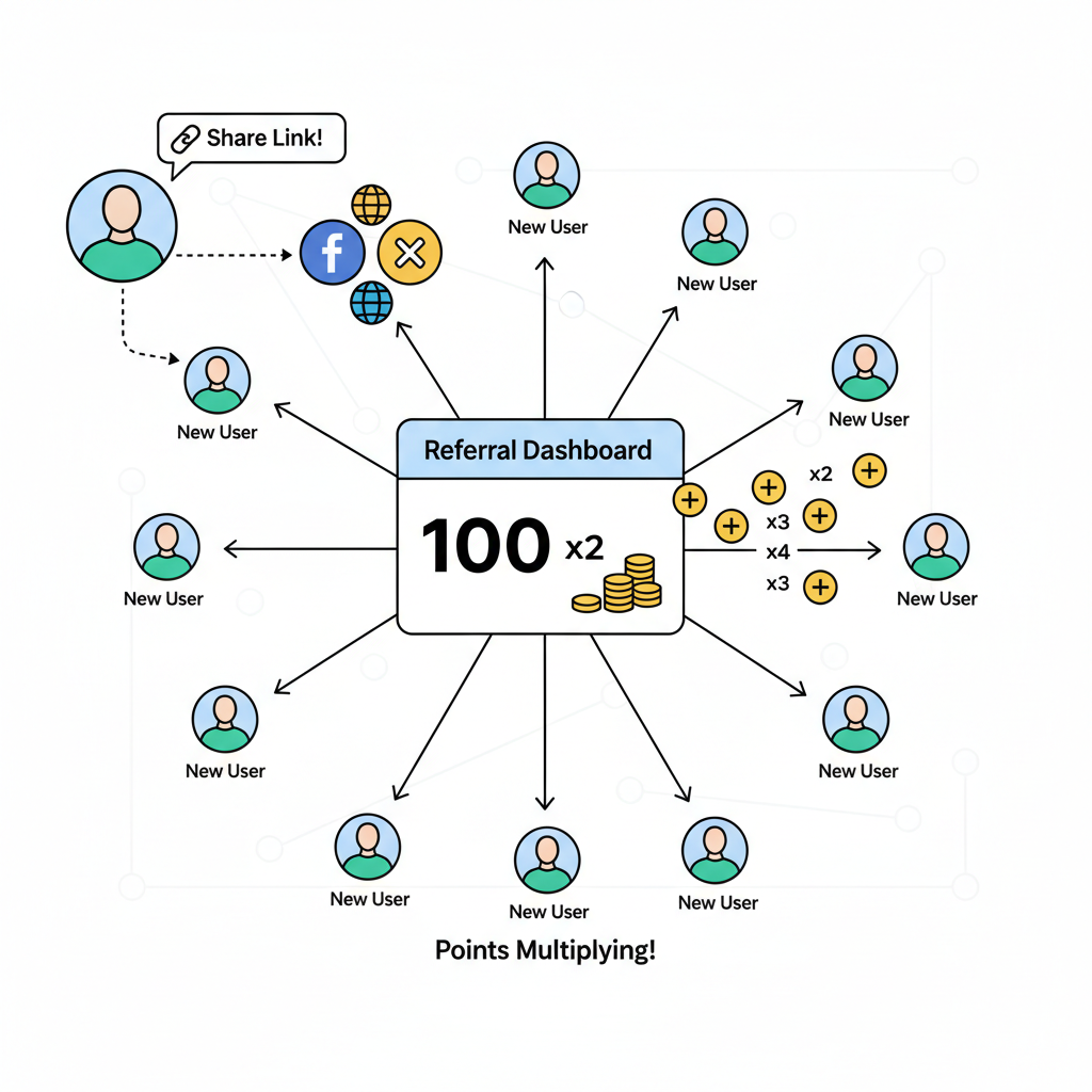 user sharing referral link on social media, chain reaction of new users joining, points multiplying graphic, referral dashboard