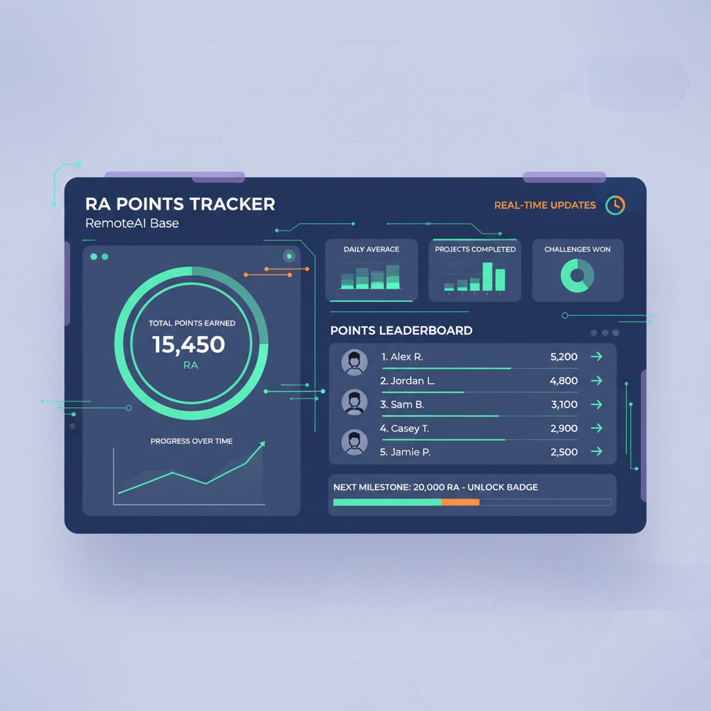 RA points tracking dashboard on RemoteAI Base, analytics charts, points leaderboard, futuristic UI with real-time updates