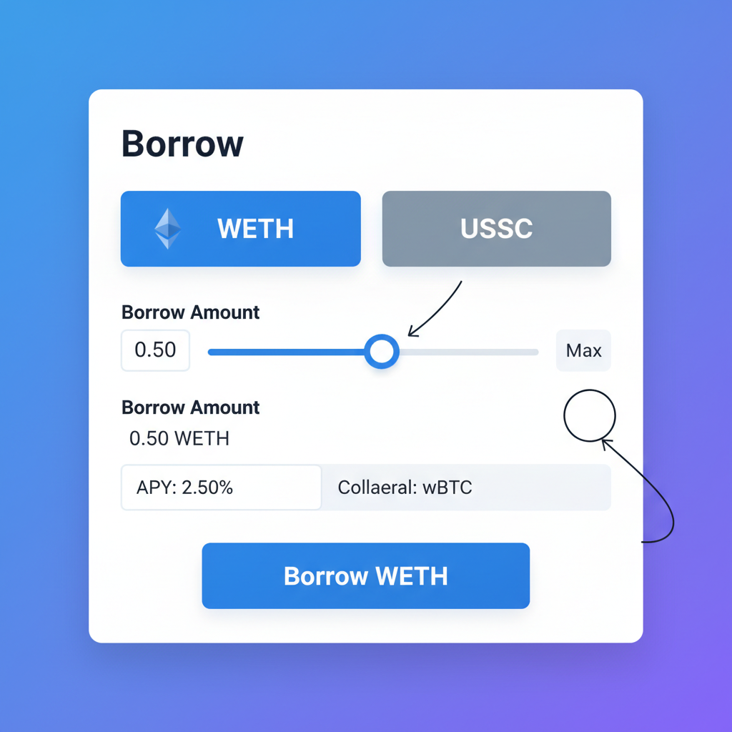 Aave borrow tab with WETH selected showing borrow amount slider