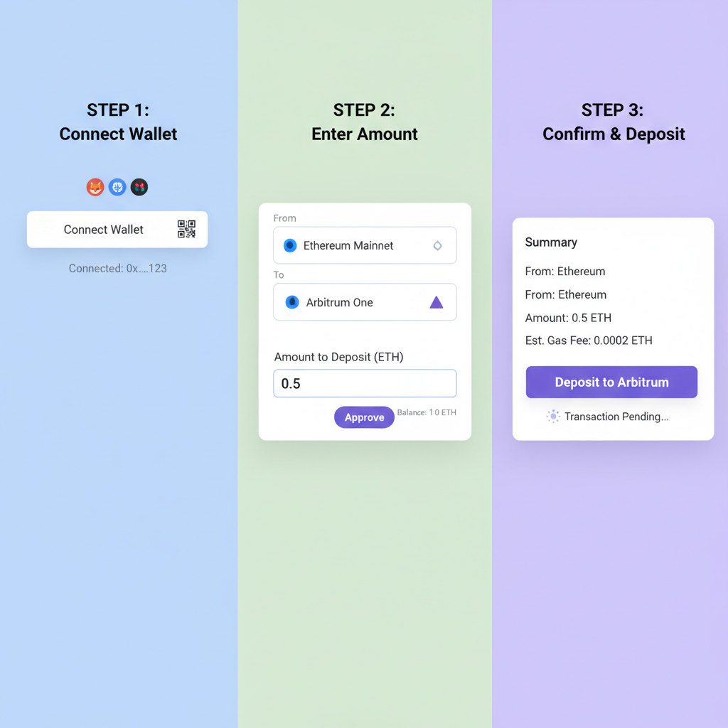 clean UI of Arbitrum bridge depositing ETH from Ethereum to Arbitrum One