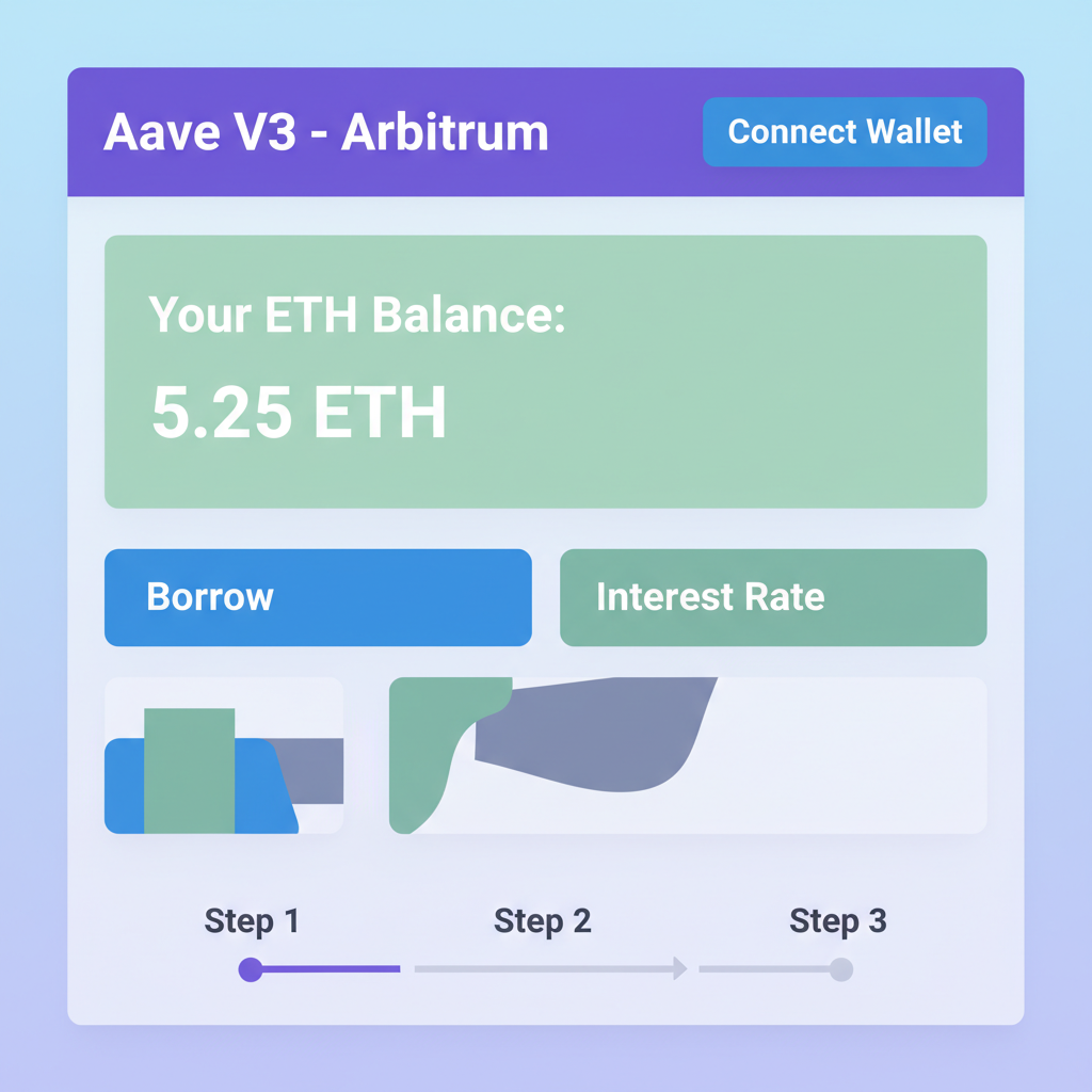 Aave V3 dashboard on Arbitrum with wallet connect button and ETH balance