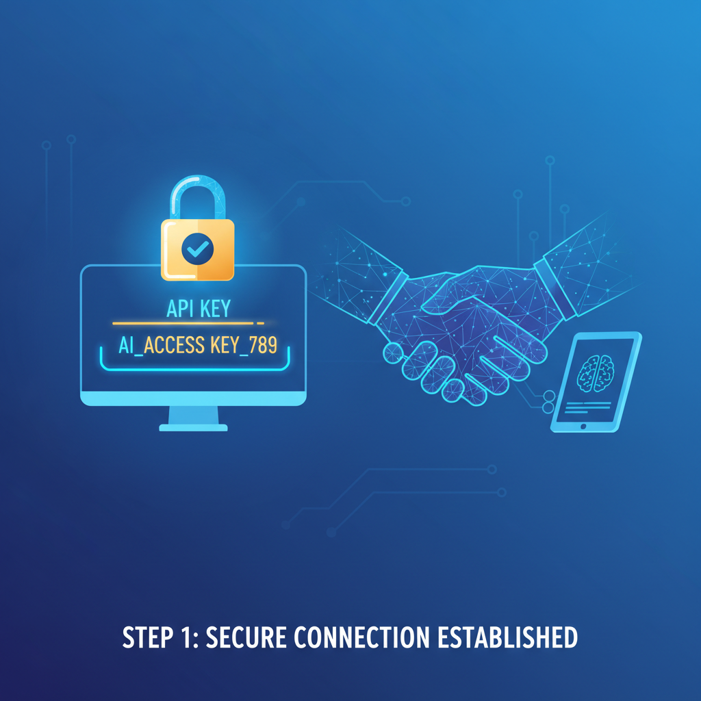 API key glowing on dashboard, secure lock icon, AI agent handshake
