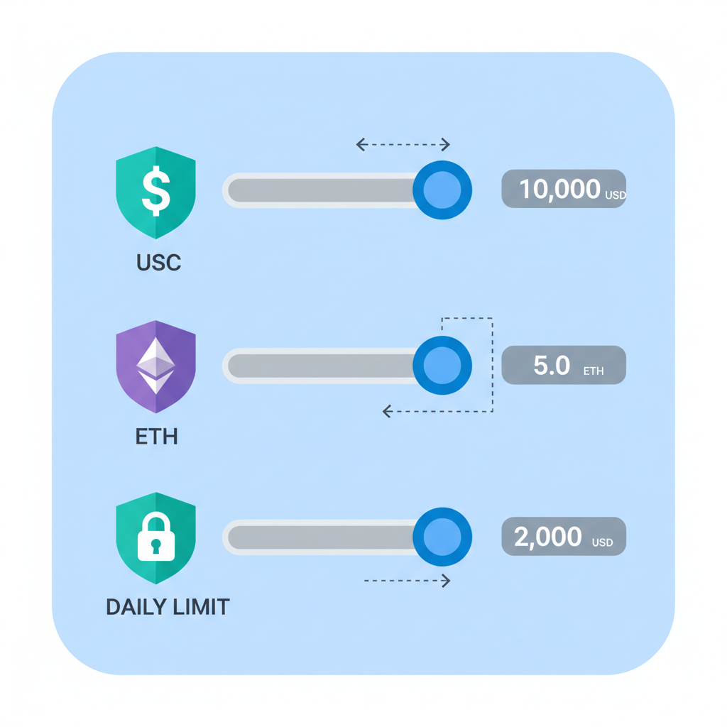 control panel sliders for spend limits, USDC ETH tokens, shield icons
