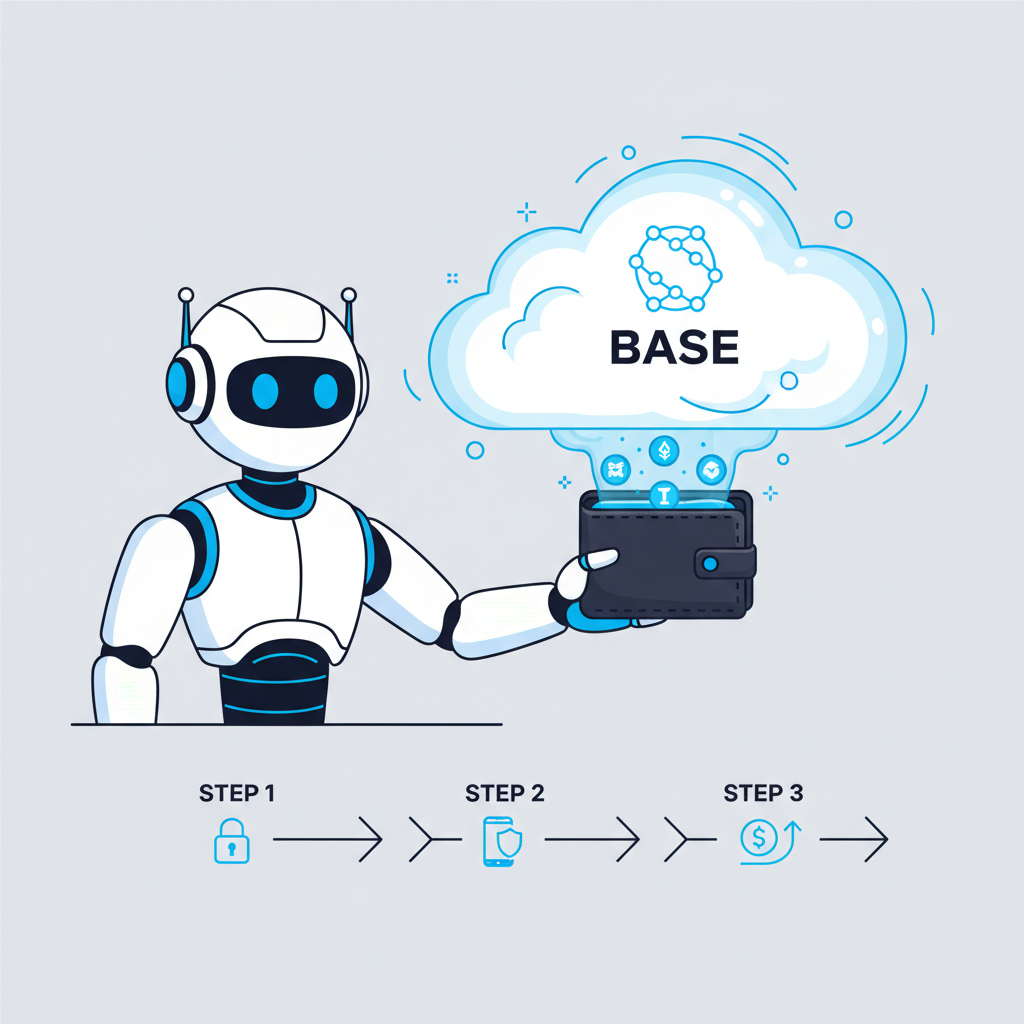 digital wallet emerging from cloud, AI robot holding it, Base chain logo