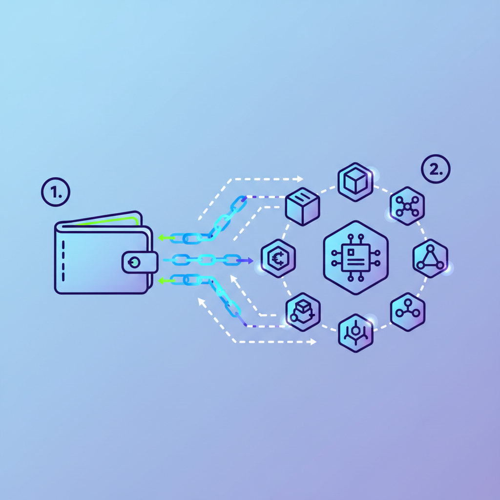 wallet connecting to blockchain app, ethereal chains linking icons, vibrant digital glow