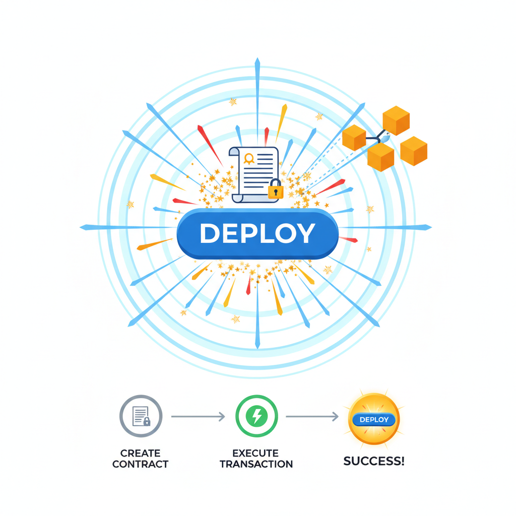 deploy button exploding with success particles, contract deploying on blockchain, fireworks effect