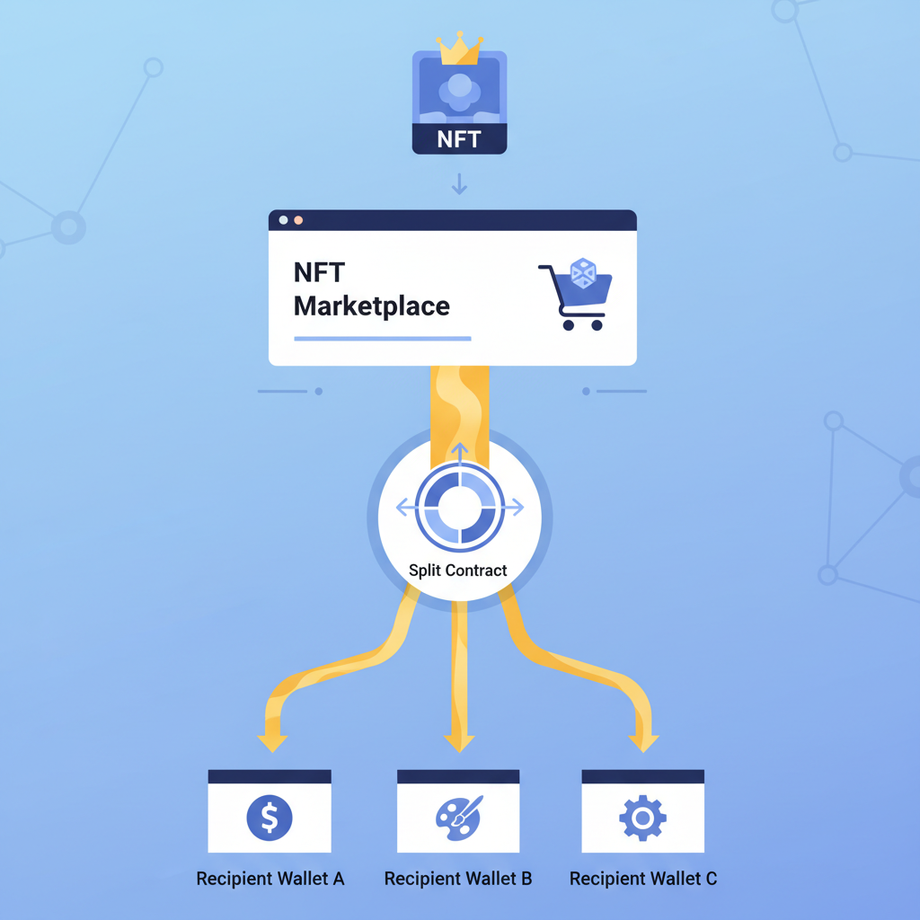 NFT marketplace integrating split contract, funds flowing to multiple wallets, golden streams