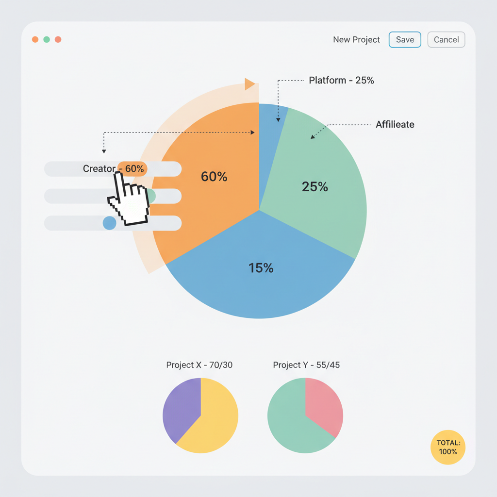 drag-and-drop interface setting revenue split percentages, colorful pie charts animating