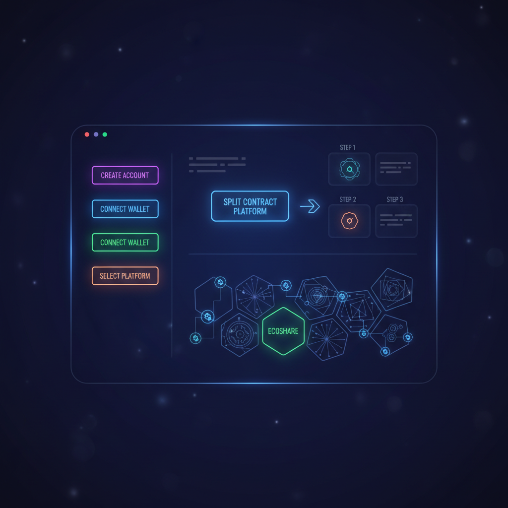 sleek web3 dashboard selecting split contract platform, glowing neon buttons, futuristic UI