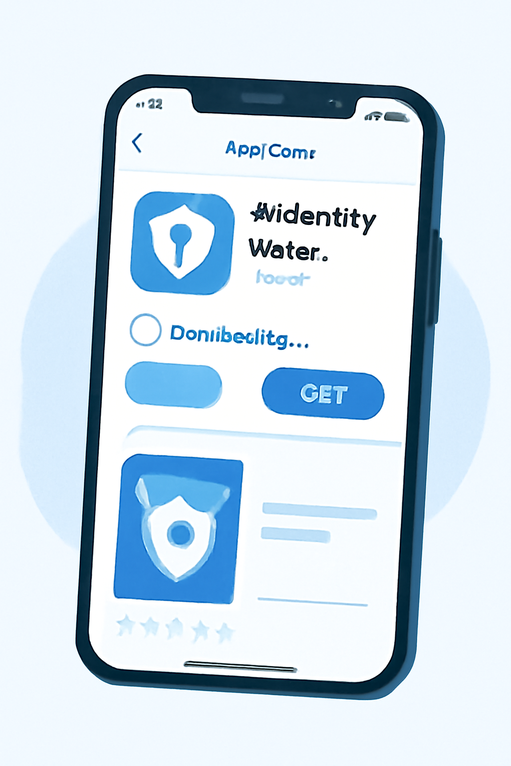 smartphone downloading zk identity wallet app from app store, sleek modern interface, privacy shield icon, blue tones