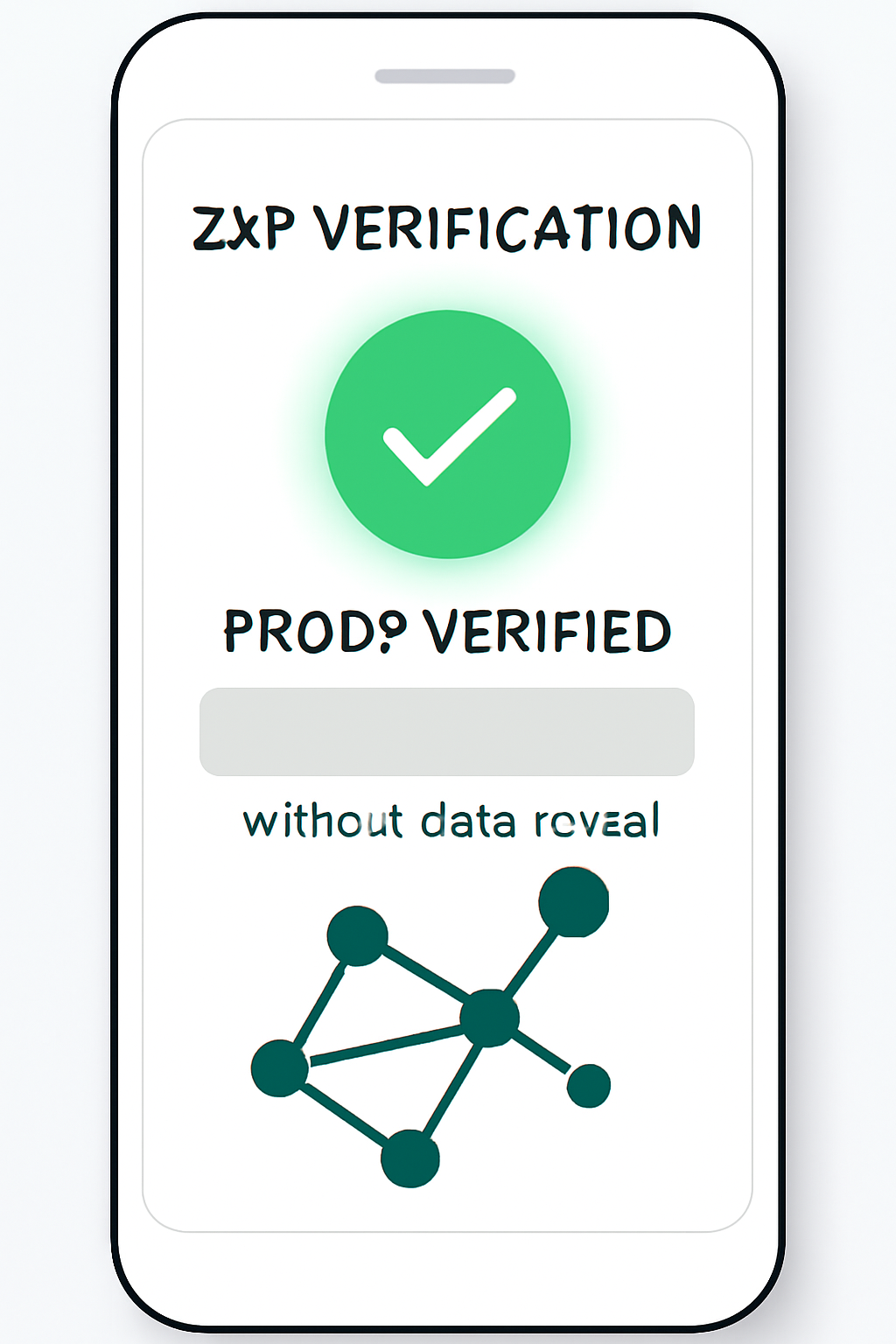 zkp verification screen on mobile, proof checkmark without data reveal, abstract zero-knowledge graph, green success glow