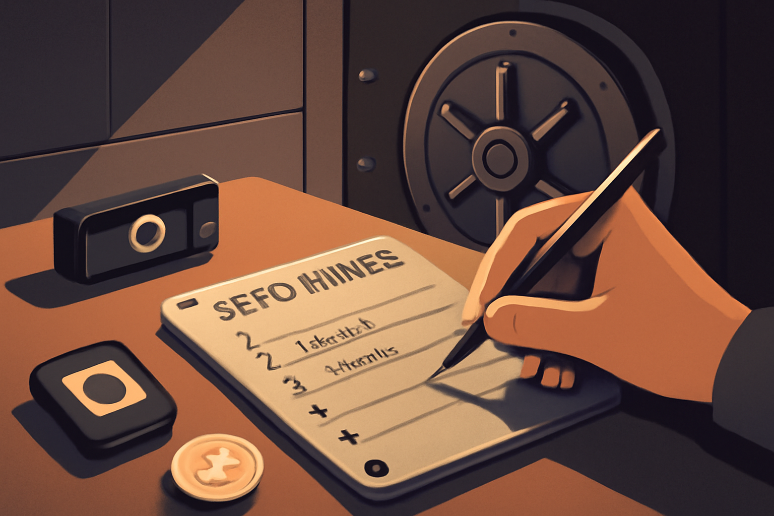 hand writing seed phrase on metal backup plate, secure vault background, crypto wallet elements, dramatic lighting