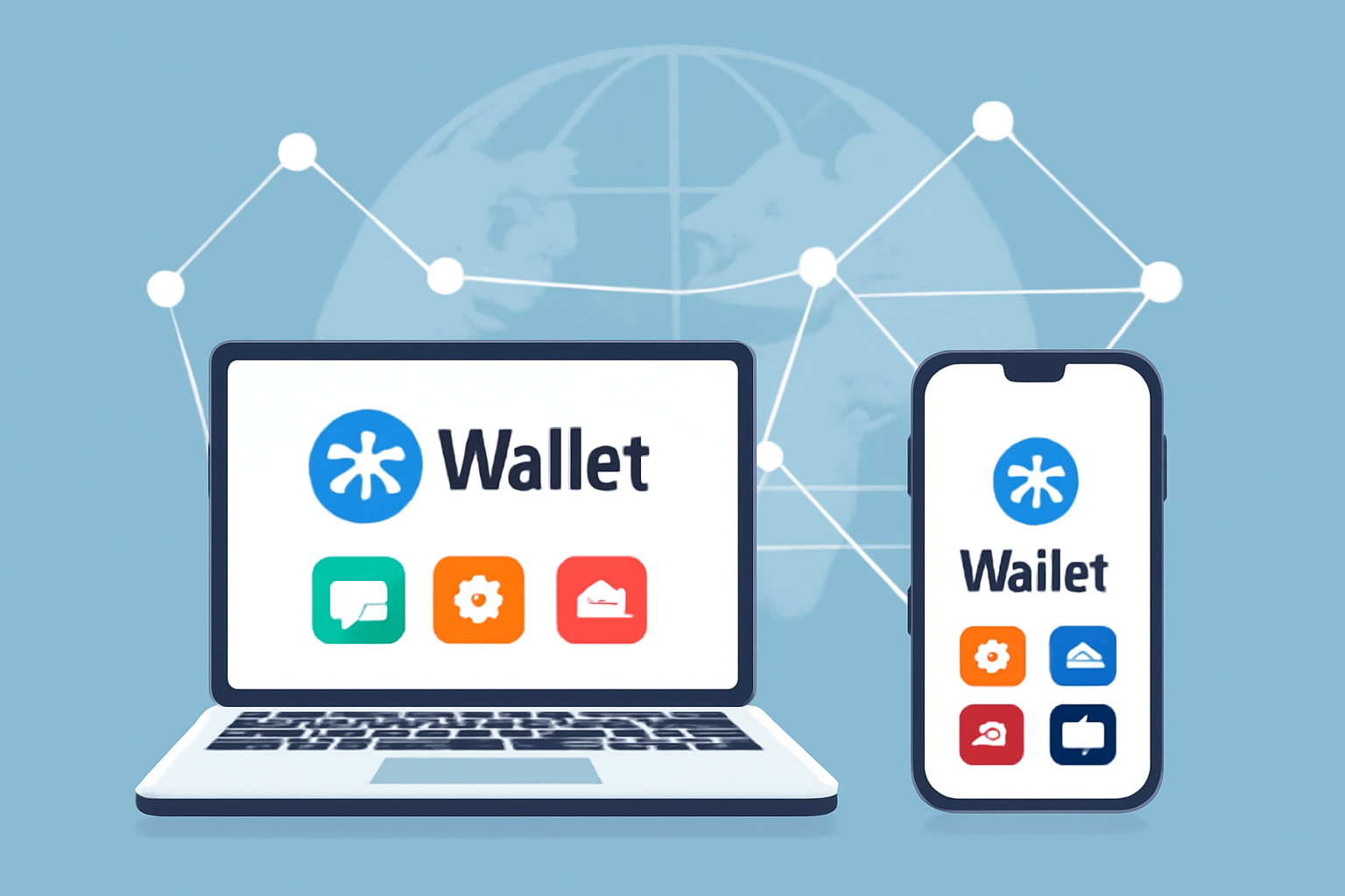 laptop and phone side-by-side using zk wallet cross-platform, interconnected nodes, diverse app icons, global network vibe