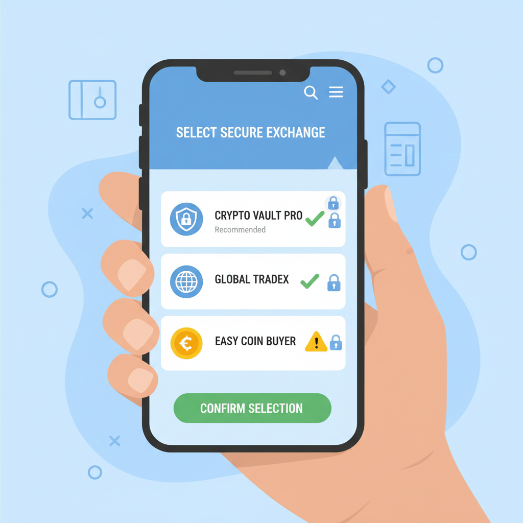 beginner selecting secure crypto exchange app on phone, lock icons, green checkmarks, clean modern UI