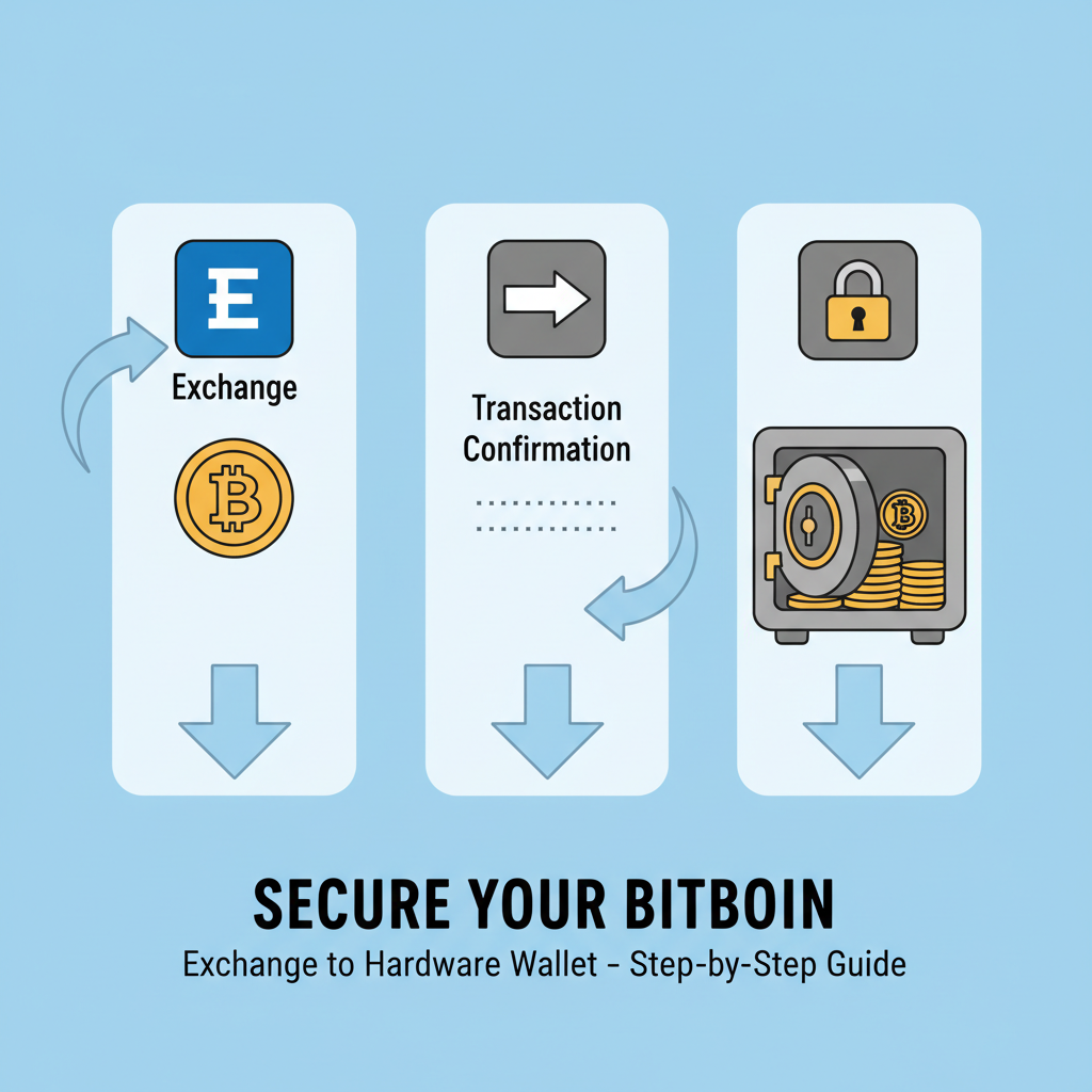 transferring Bitcoin from exchange to hardware wallet, secure vault icon, step-by-step arrows