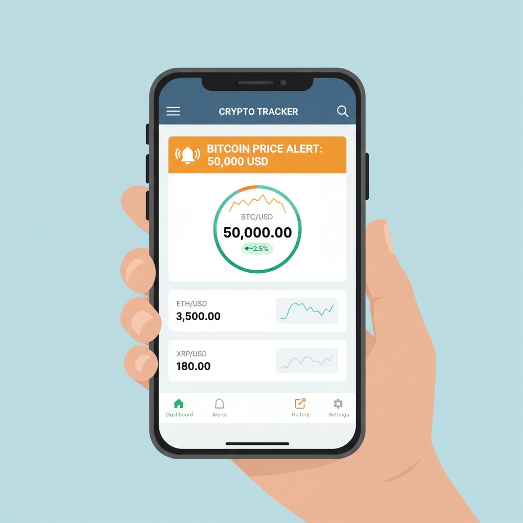 phone screen with Bitcoin price alerts at 50K, notification bells, tracking dashboard