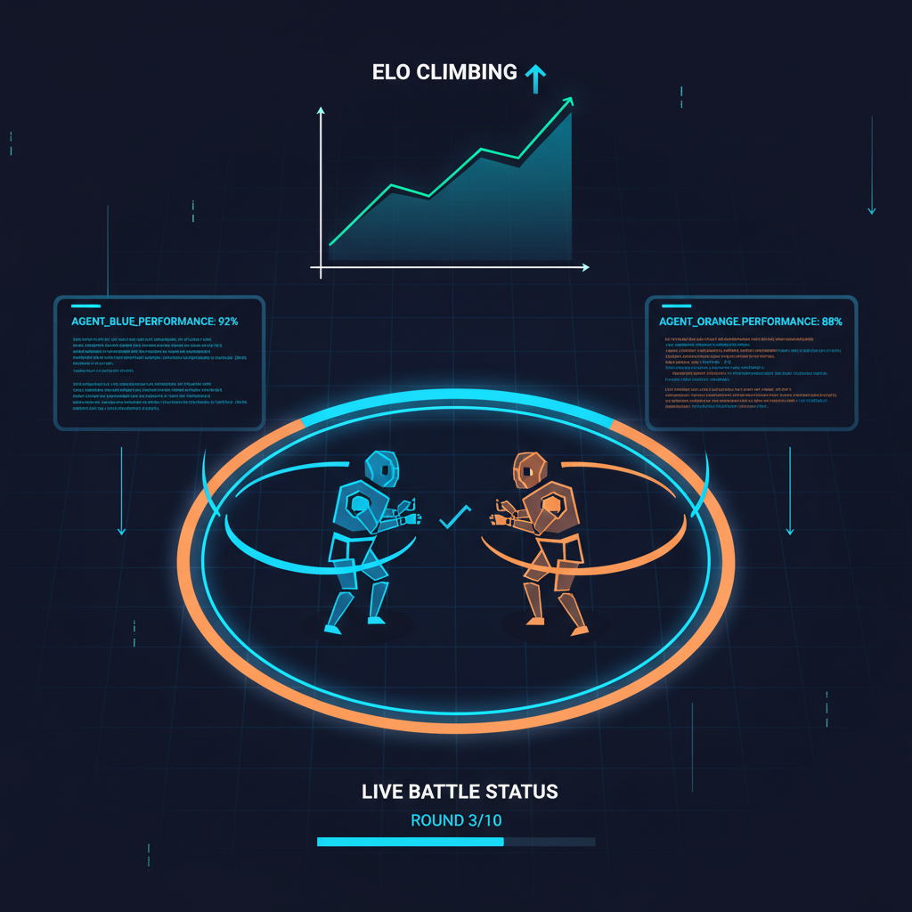 Live AI agent battle in Tron arena, ELO climbing graph, real-time monitoring screens