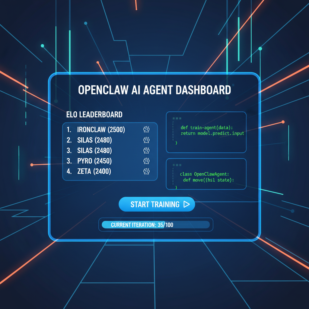 OpenClaw AI agent dashboard showing ELO leaderboard, Tron arena background, futuristic UI, code snippets