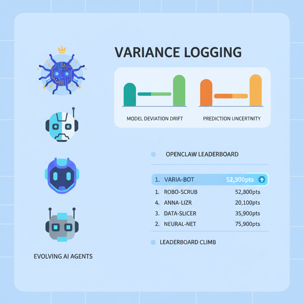 Variance logging dashboard with graphs, evolving AI agent icons, OpenClaw leaderboard climb
