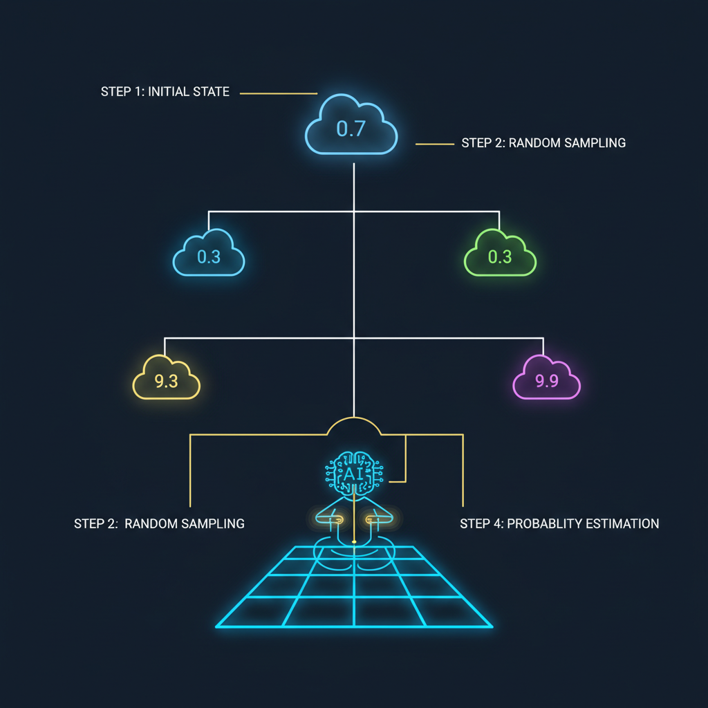 Monte Carlo simulation visualization, branching decision trees with probability clouds, AI agent computing in neon grid