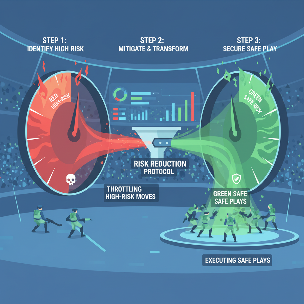Risk meter gauge throttling red high-risk moves to green safe plays, arena battle scene, data graphs