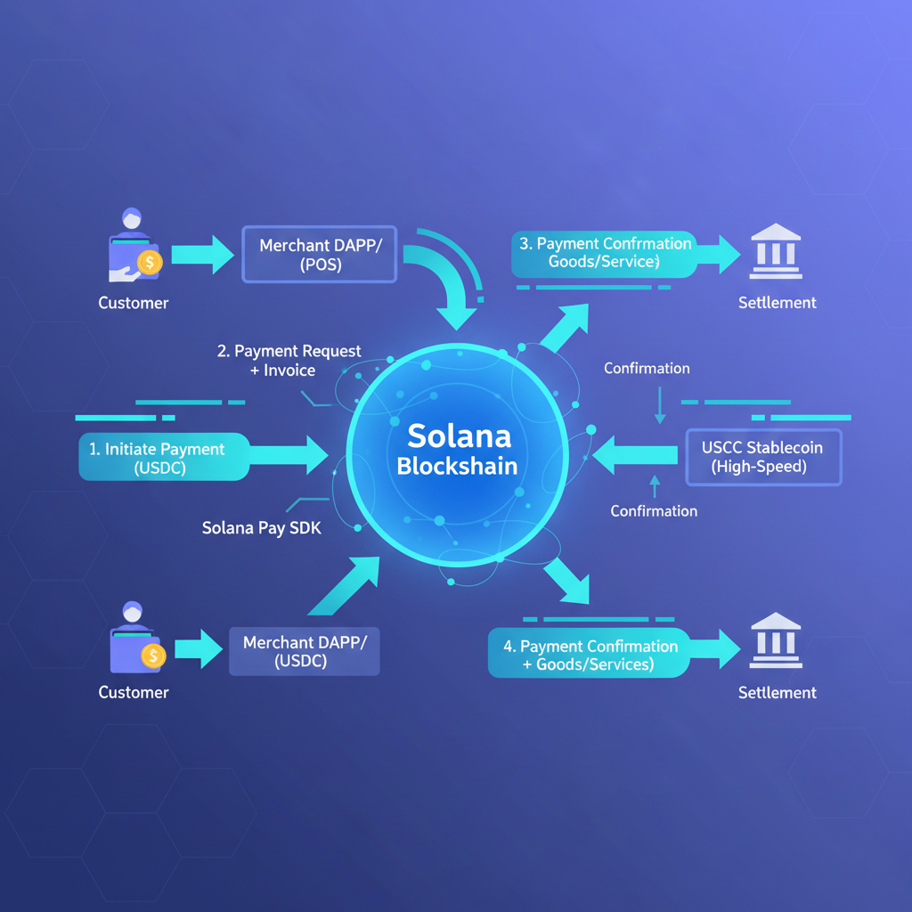 Solana Pay protocol diagram with USDC flows, high-speed transaction arrows, futuristic network