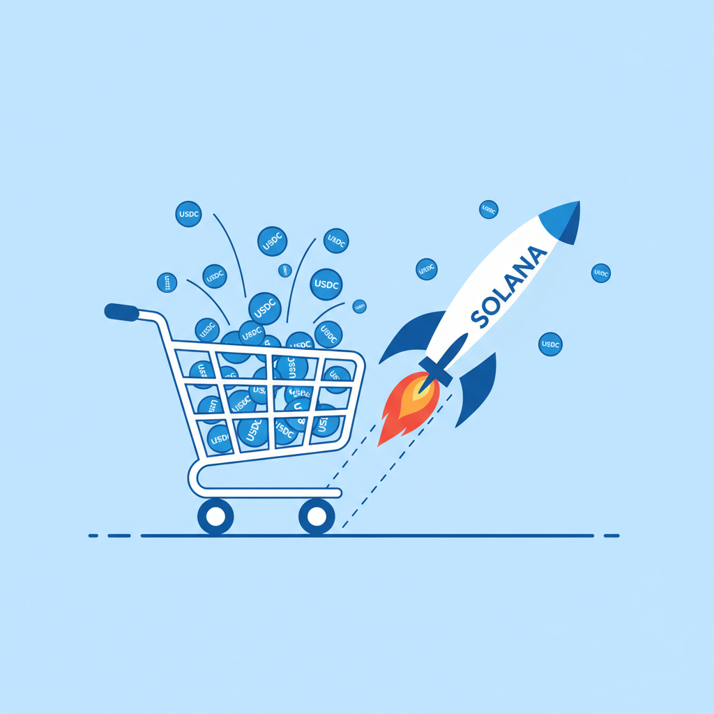 React cart component exploding with USDC icons, shopping cart morphing into Solana rocket