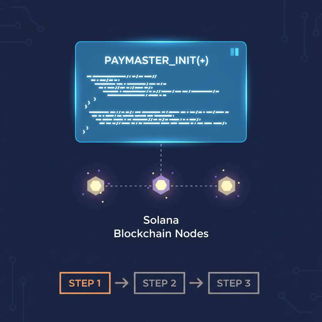 glowing paymaster initialization code on holographic screen, Solana blockchain nodes pulsing