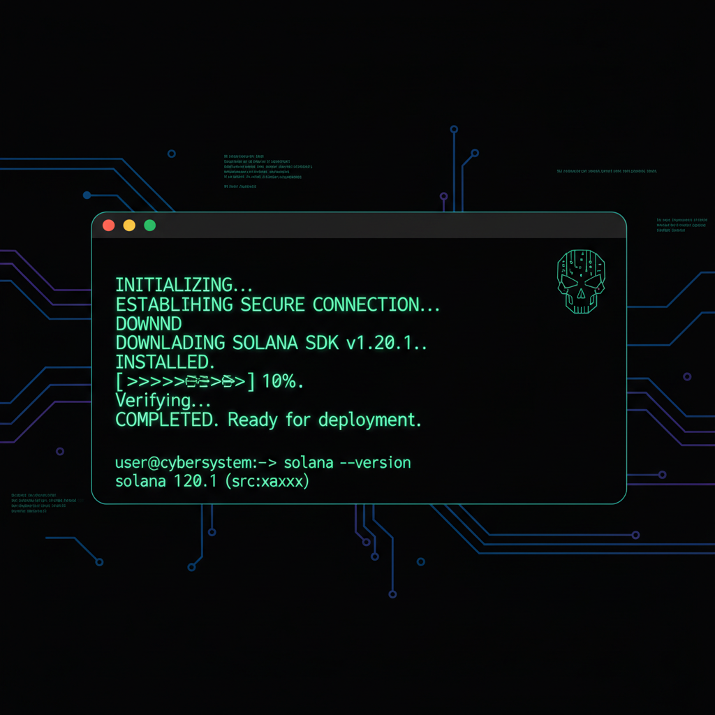 sleek code terminal installing Solana SDK, neon green text on black background, cyberpunk hacker vibe