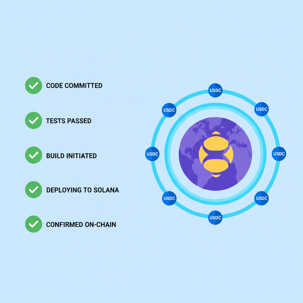 deployment dashboard with green success checks, Solana globe spinning with USDC orbits