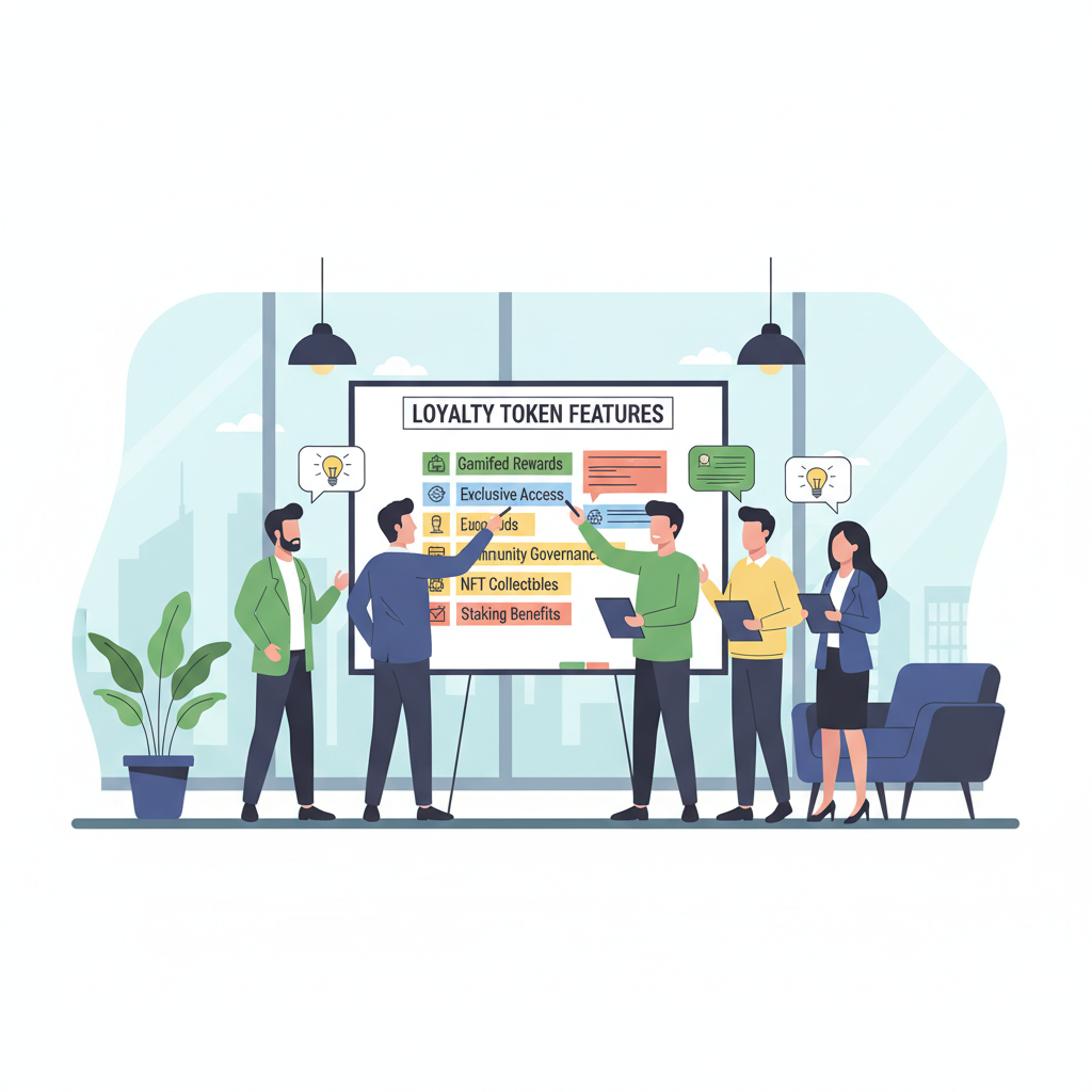 team brainstorming loyalty token features on whiteboard, professional office setting