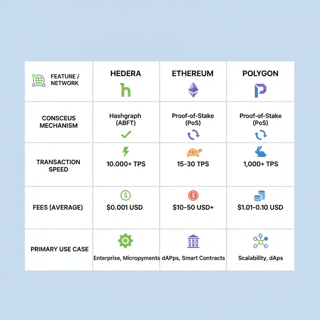 comparison chart of blockchain networks like Hedera Ethereum Polygon, clean infographic style