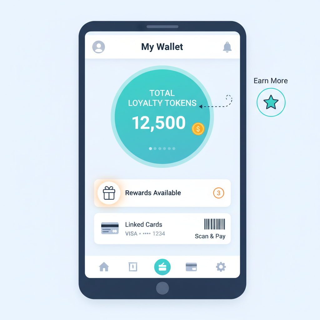 mobile wallet app interface displaying loyalty tokens balance, modern UI design