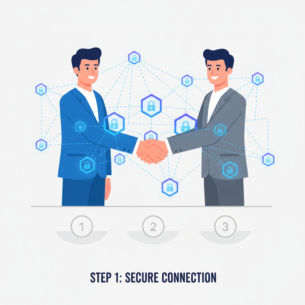business professionals shaking hands with interconnected blockchain nodes overlay