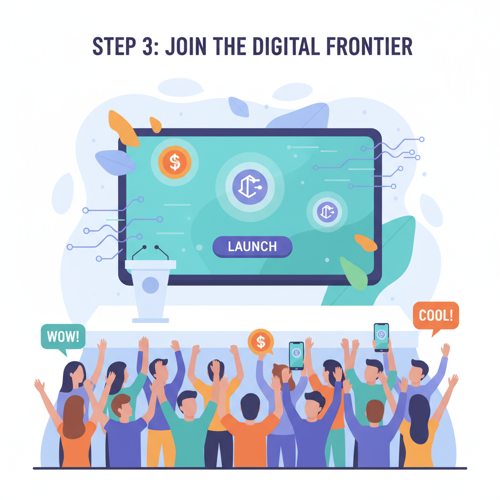 product launch event with digital token graphics and excited audience