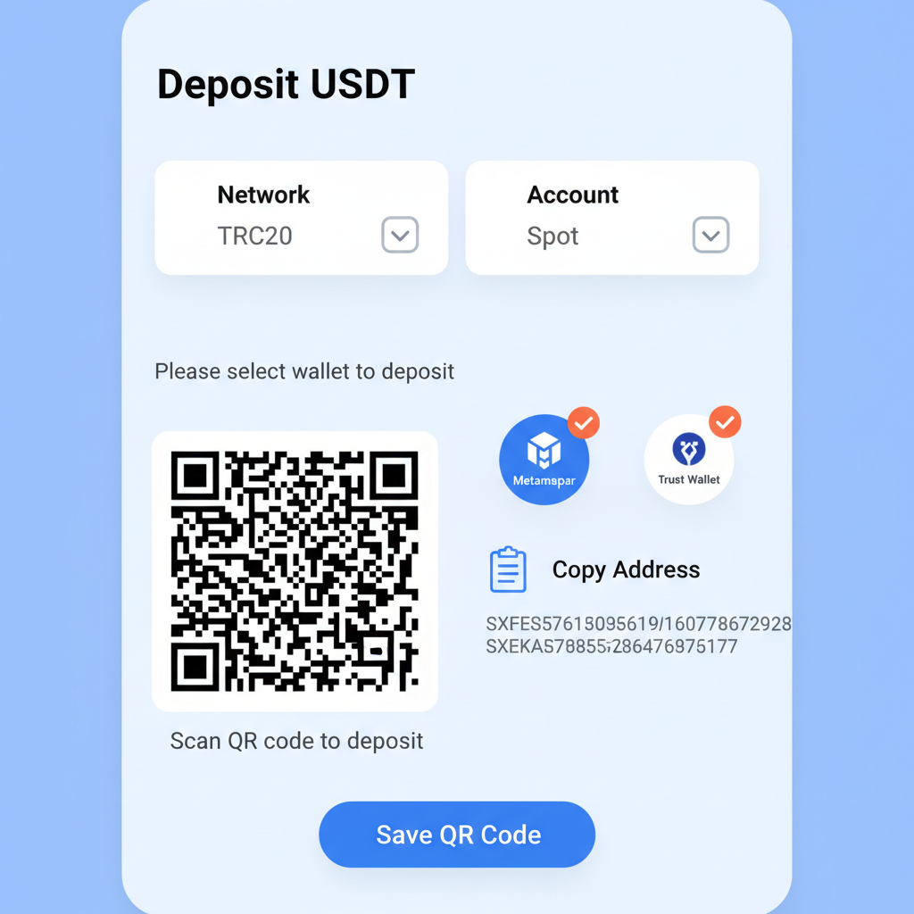 MEXC deposit USDT page showing wallet selection and QR code