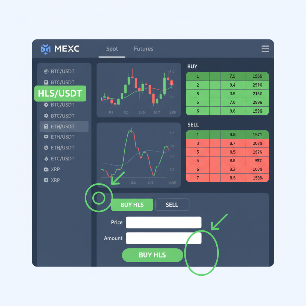 MEXC spot trading interface with HLS/USDT pair highlighted