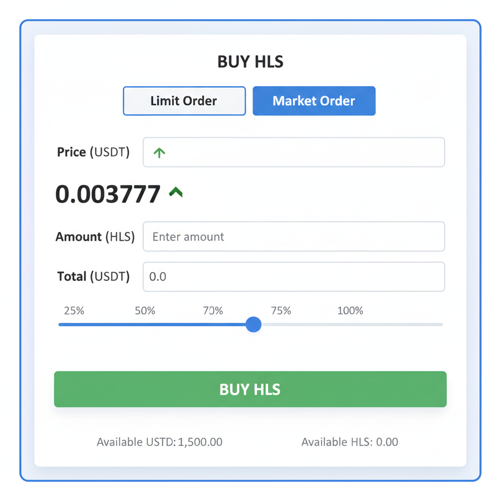 MEXC limit buy order form for HLS/USDT at $0.003777 price