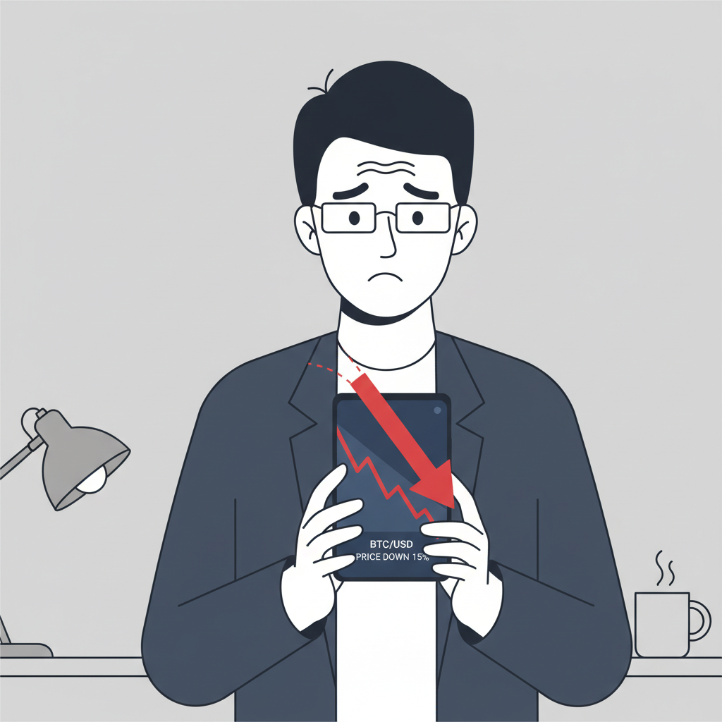 cautious investor checking crypto price chart on phone, red downward arrow, professional style --ar 16:9